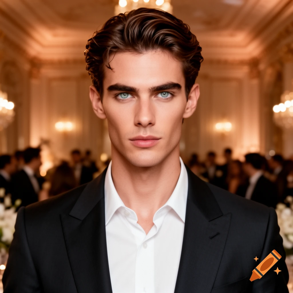 A handsome man with dark hair and striking blue-green eyes, wearing a black suit and white shirt, stands in an elegant, warmly lit party hall.