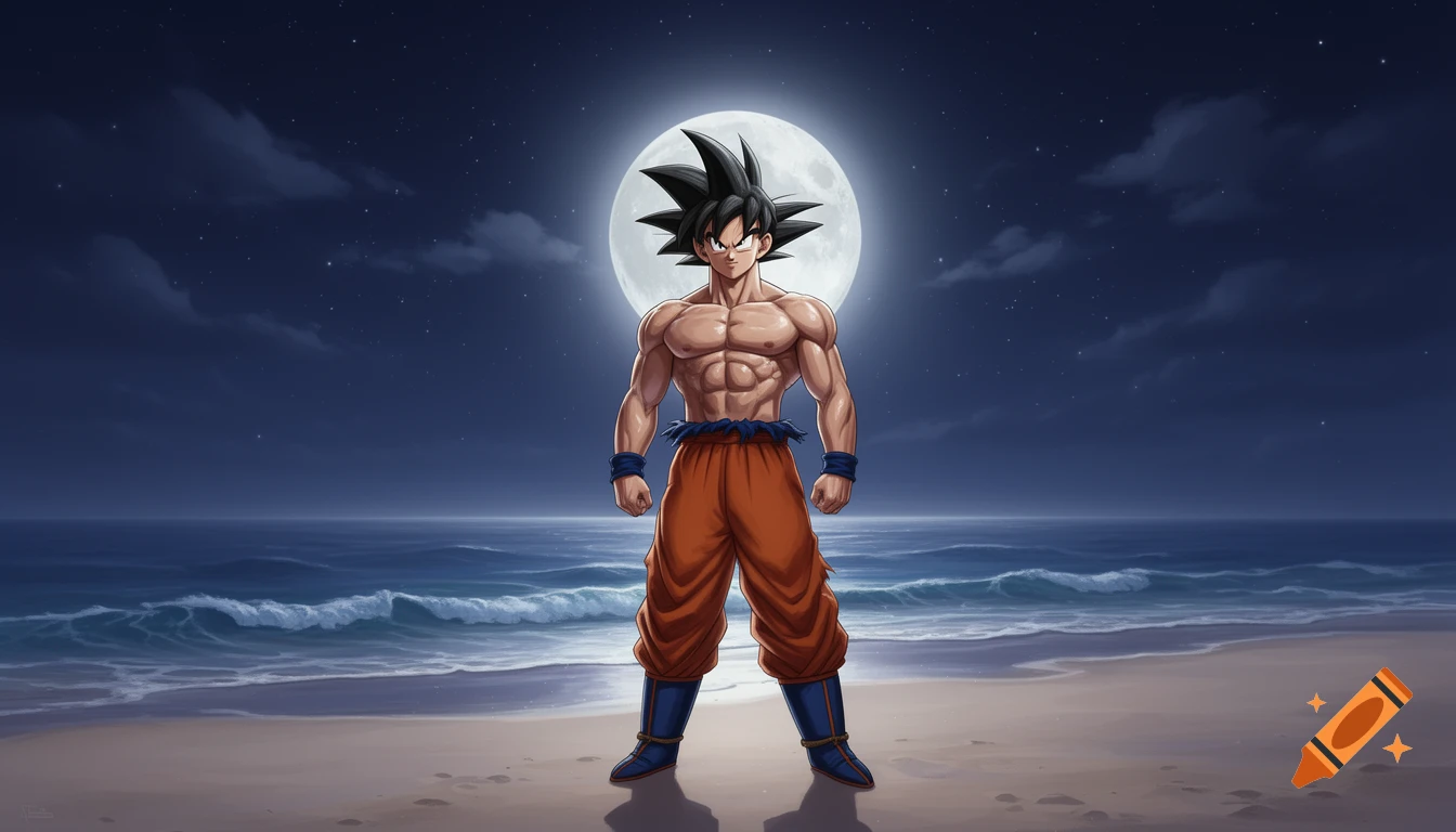 Son Goku, shirtless and muscular, stands on a sandy beach at night under a full moon, with ocean waves in the background.