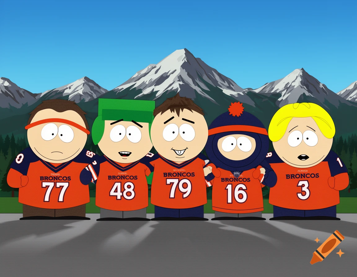 Five South Park characters in orange and blue Denver Broncos jerseys standing in front of mountains.