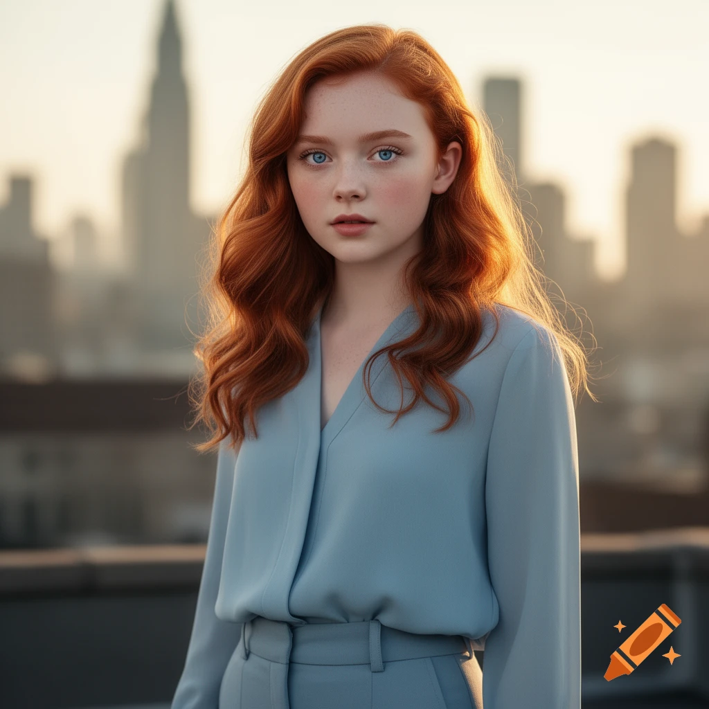 A photorealistic portrait of a young woman with red hair and blue eyes, wearing a light blue suit, against a blurred city skyline at sunset.