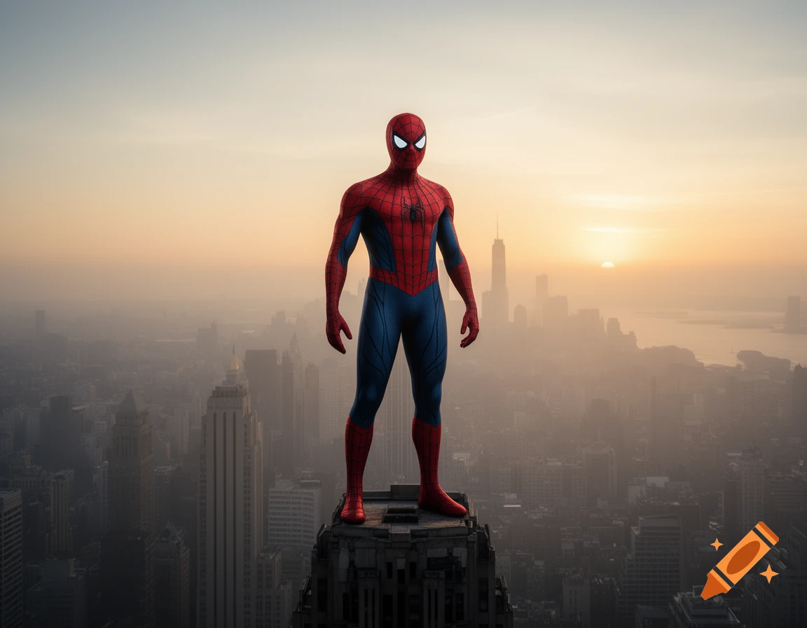 Spider-Man stands atop a tall skyscraper, looking out over a sprawling city at sunset.