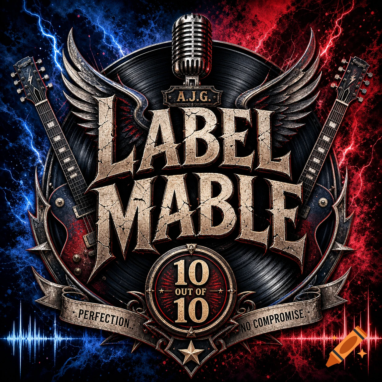 A heavy metal-style logo for 'Label Mable' featuring guitars, a microphone, a vinyl record, and red and blue lightning, with '10 out of 10' text.