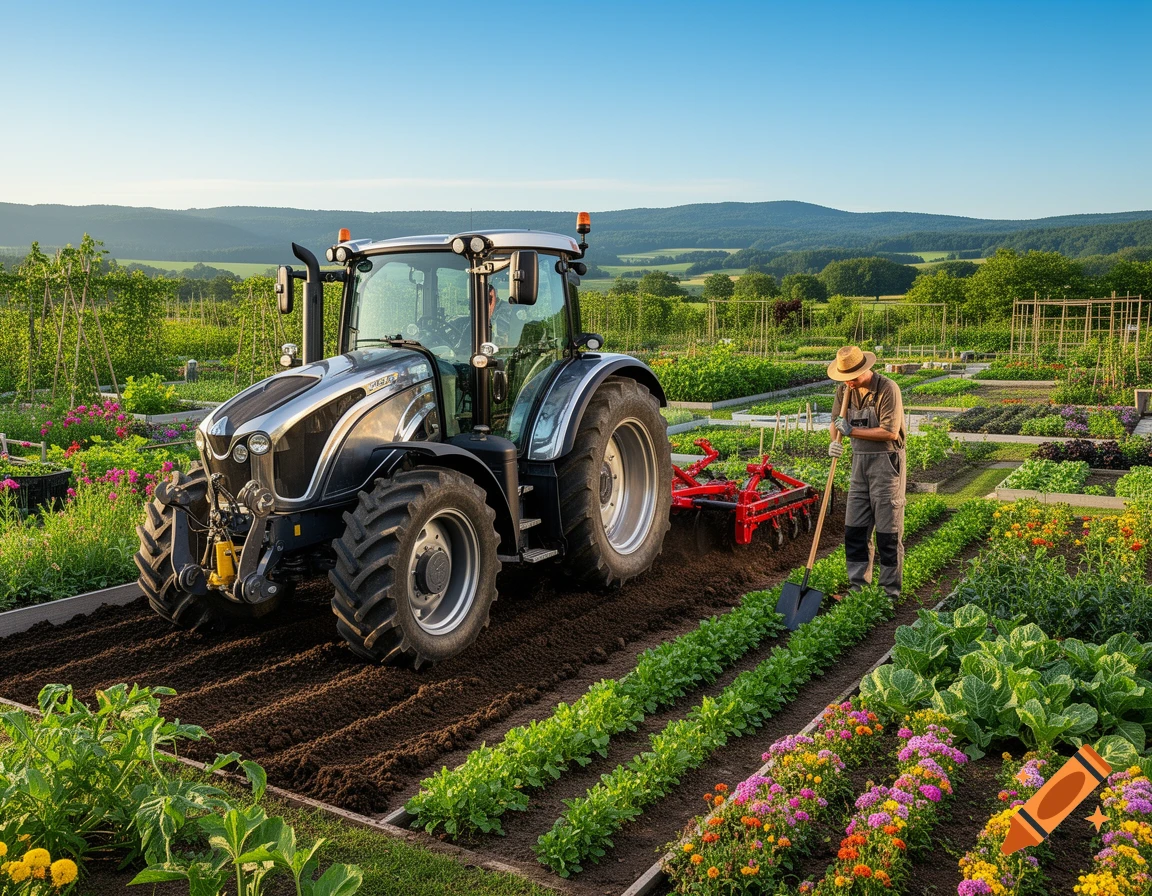 A farmer in a straw hat uses a hoe while a tractor tills soil in a large, sunny garden with rows of crops and flowers.