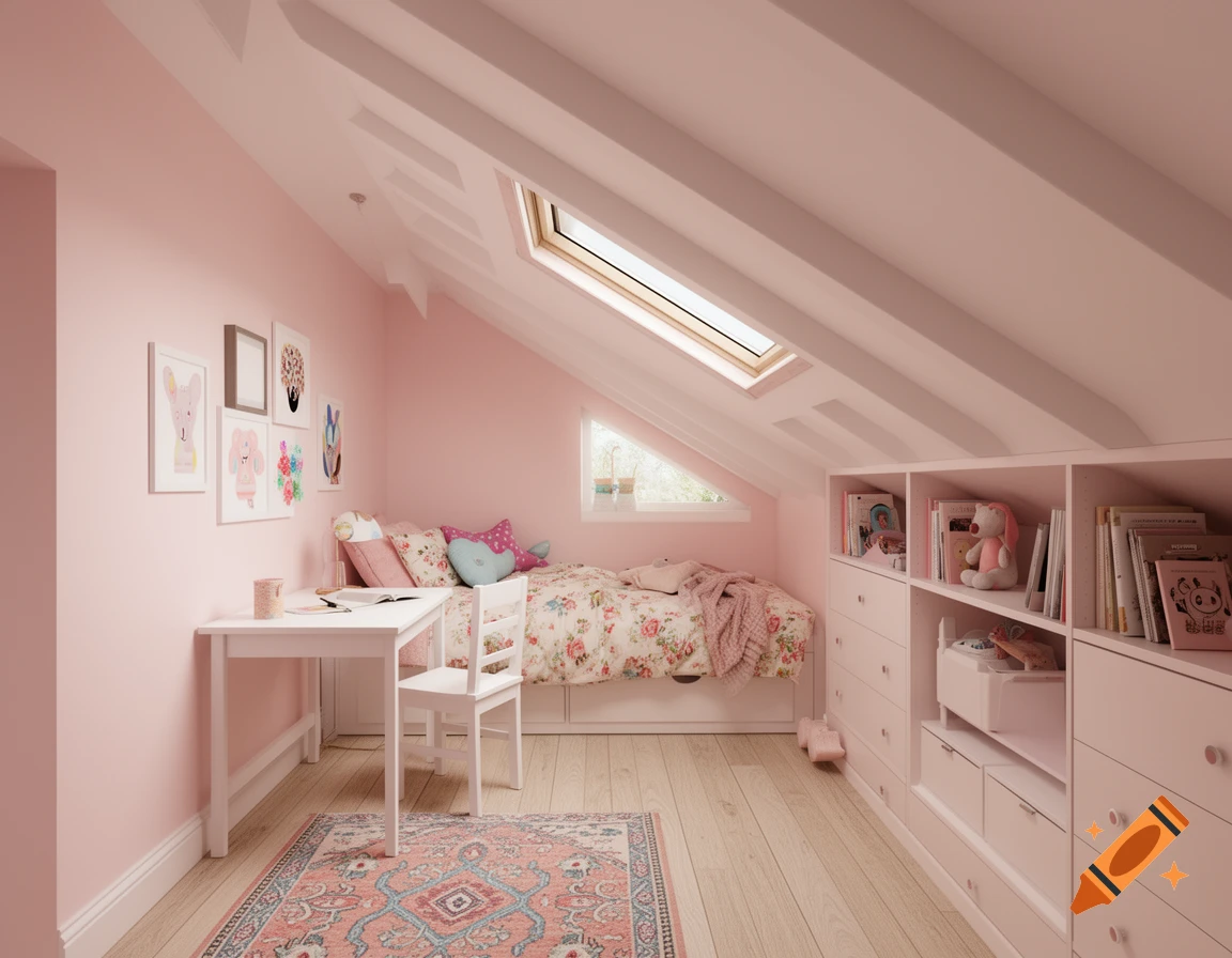 Pink girl's bedroom with a floral bed, white desk, extensive storage shelves, and a skylight in a sloped ceiling.