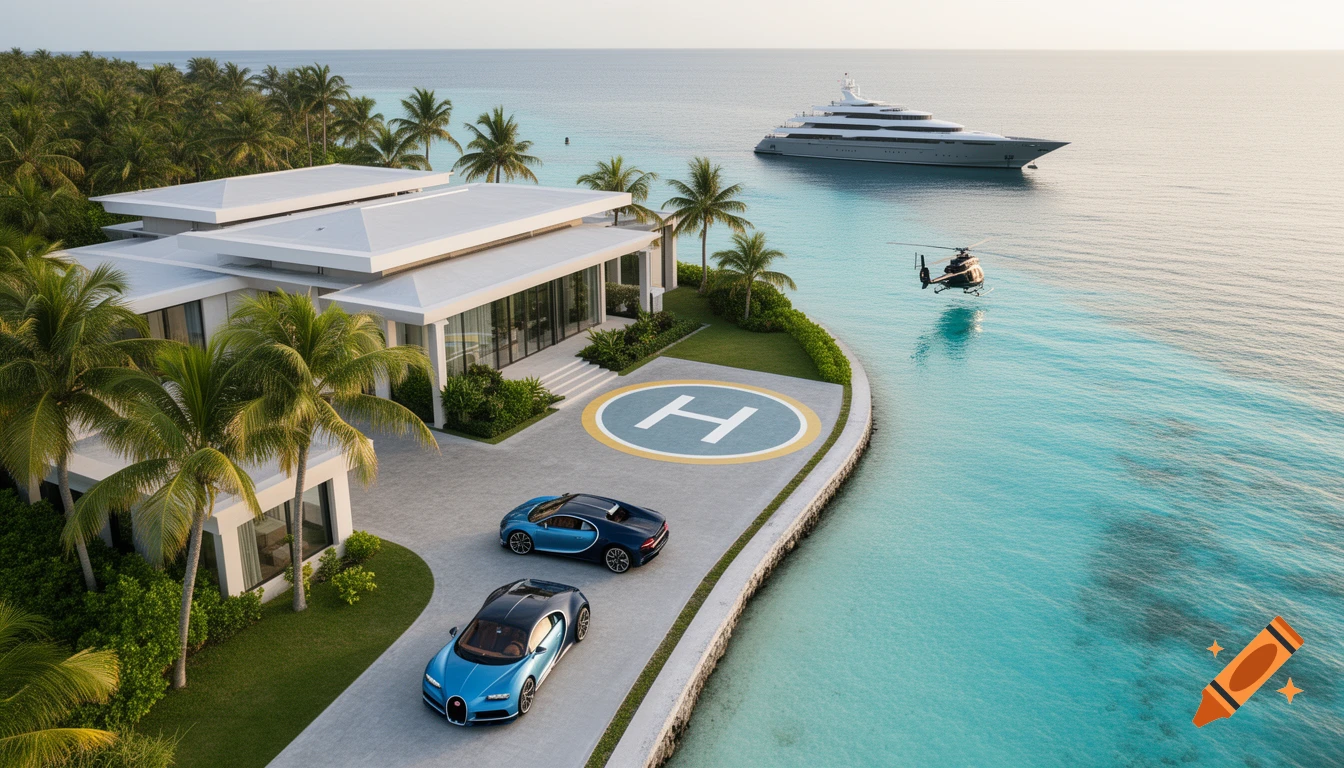 Aerial view of a luxurious modern villa with two blue Bugatti cars, a helipad, and a helicopter flying over turquoise ocean with a large yacht.
