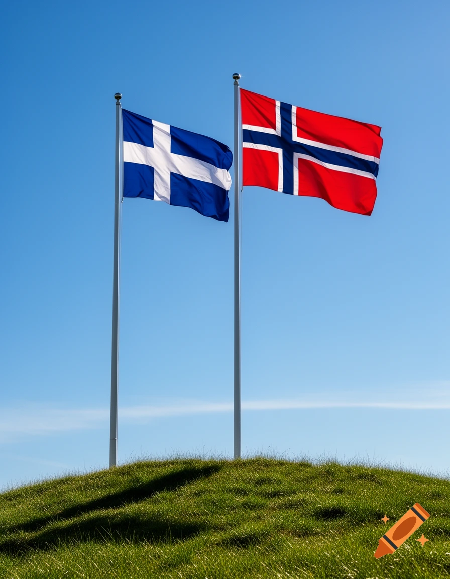 Two national flags, one blue with a white cross and one red with a blue and white Nordic cross, wave on flagpoles atop a grassy hill under a clear blue sky.