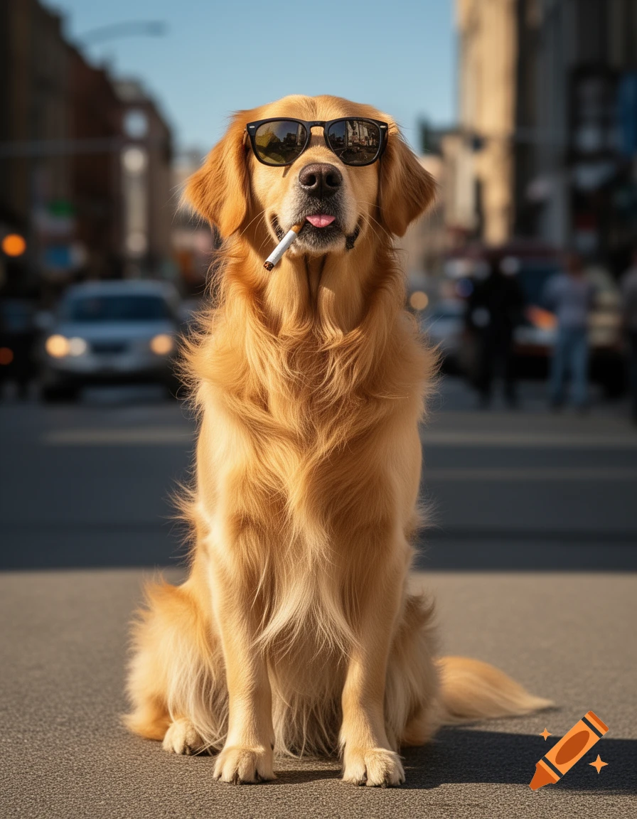 A photorealistic image of a golden retriever wearing sunglasses, sitting on a city street with a cigarette in its mouth, looking at the camera.
