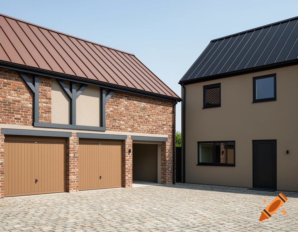 Modern courtyard with a renovated brick barn and a contemporary beige house, featuring metal roofs and a cobblestone driveway.