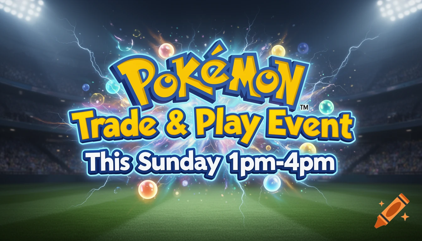 Pokemon Trade & Play Event text in a stadium with lightning and colorful bubbles.