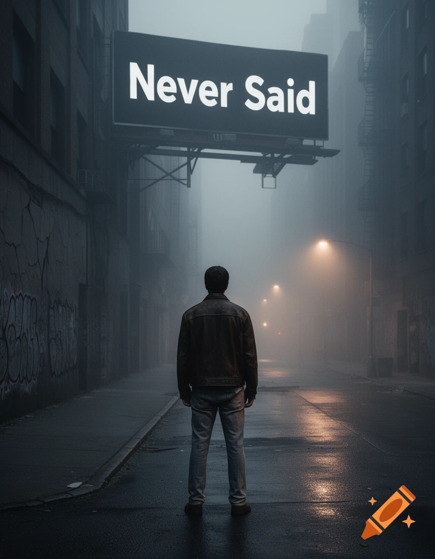 A lone man stands on a wet, foggy city street, looking at a billboard that reads 'Never Said'. Photorealistic.