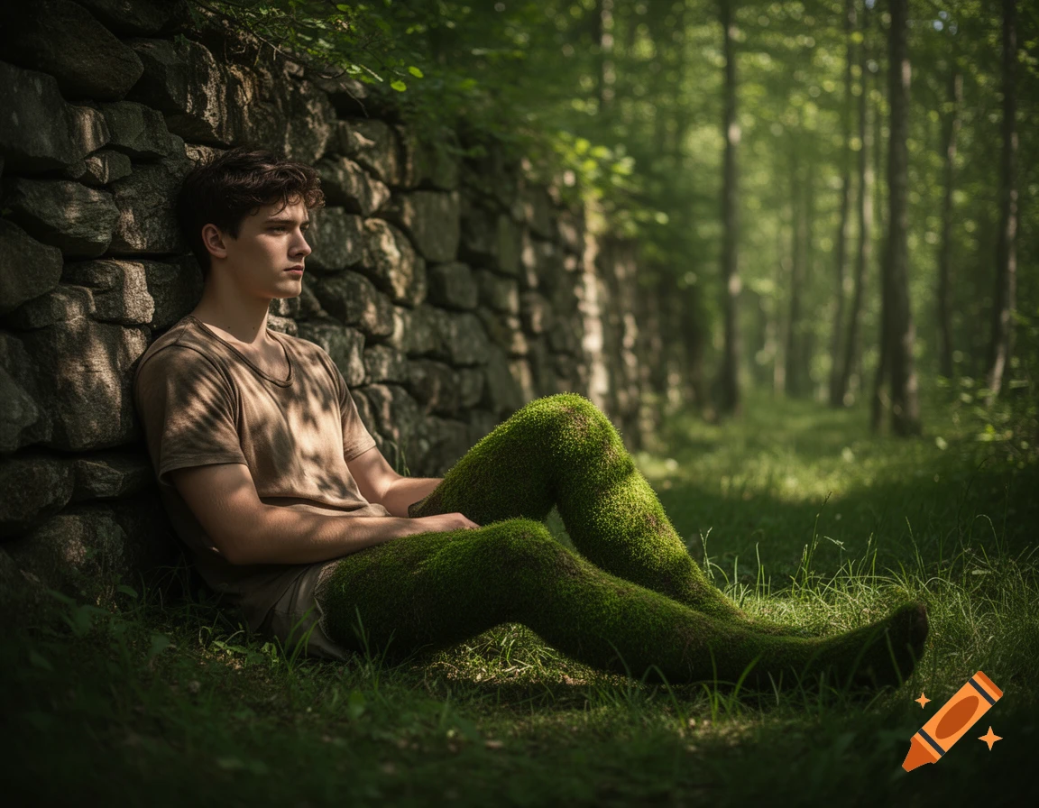 Young man with moss-covered legs sits against a stone wall in a sunlit forest, photorealistic style.