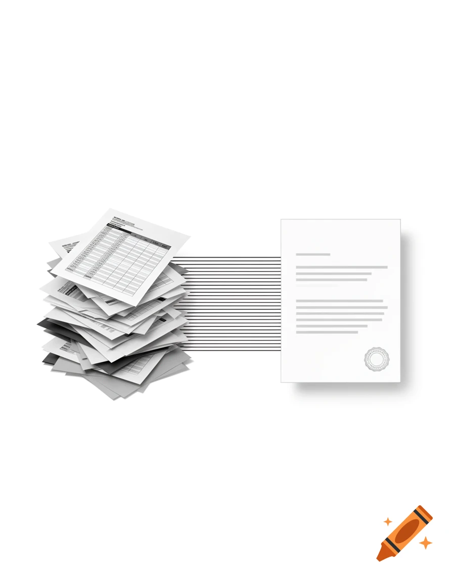 Minimalist grayscale vector illustration showing a chaotic pile of documents transforming into a single structured sheet via connecting lines.