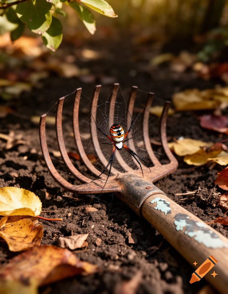 A colorful spider with orange and white markings on its abdomen is on a rusty garden rake in dark soil, surrounded by autumn leaves. Photorealistic.