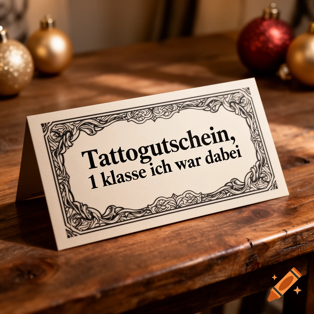 A beige tattoo gift voucher with ornate black borders rests on a dark wooden table, with blurry Christmas ornaments behind it.