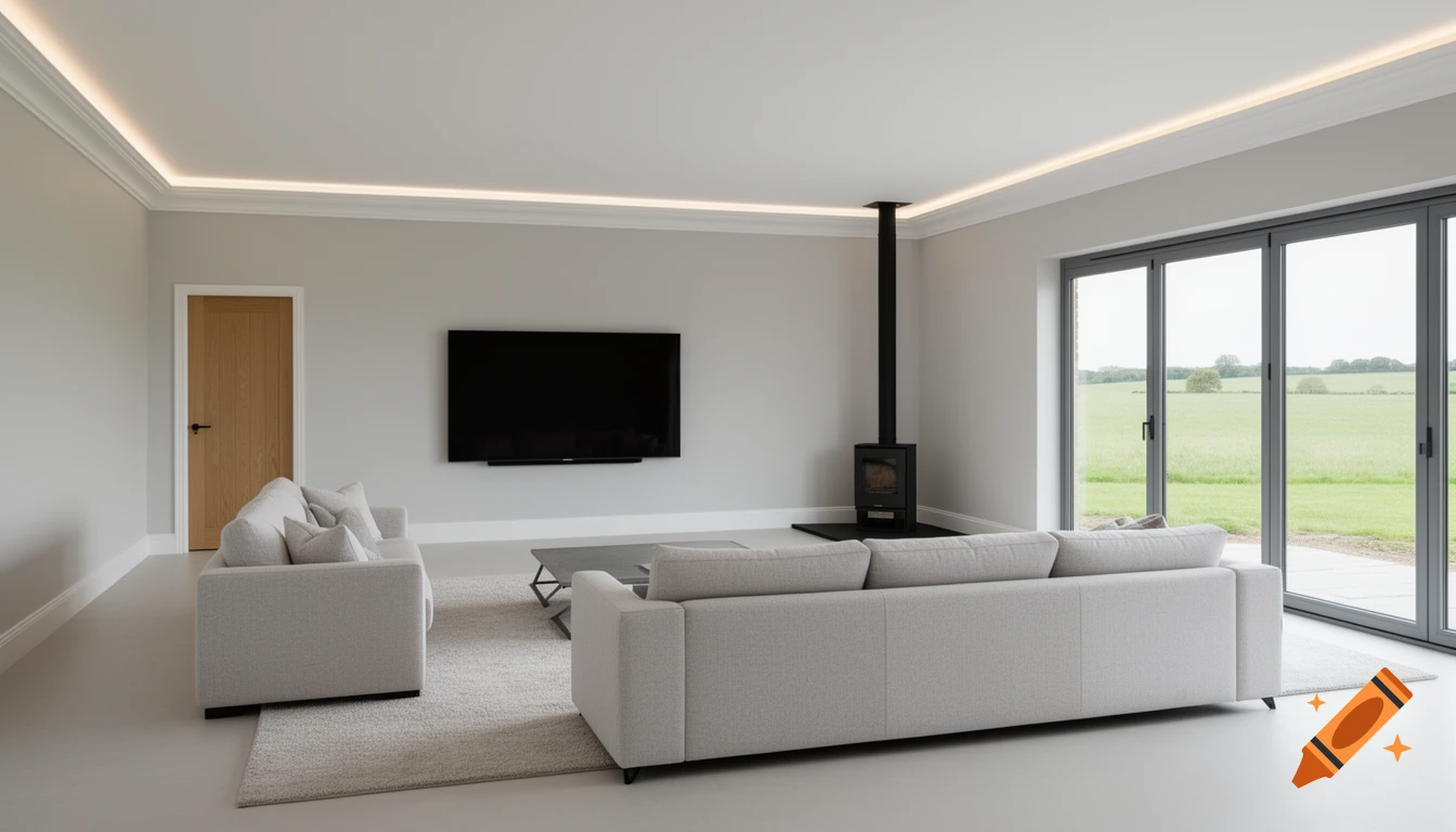 Photorealistic modern living room with light sofas, black TV, minimalist log burner, and glass doors to a green field.