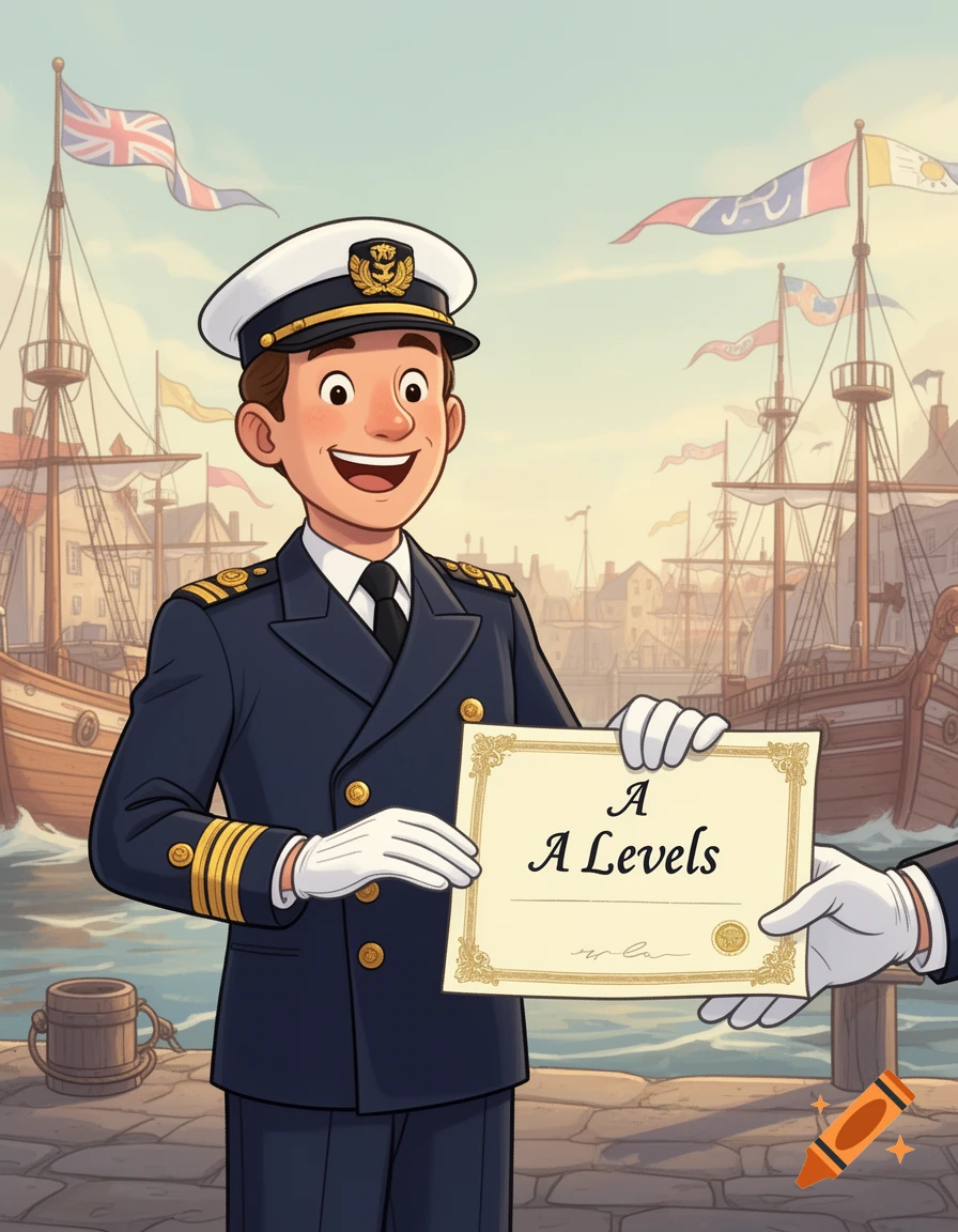 A cartoon British sailor in uniform smiles while receiving a certificate that reads "A Levels" in a bustling harbor.