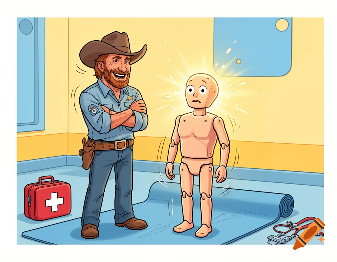 A cartoon man resembling Chuck Norris smiles while a mannequin comes to life next to a first-aid kit.