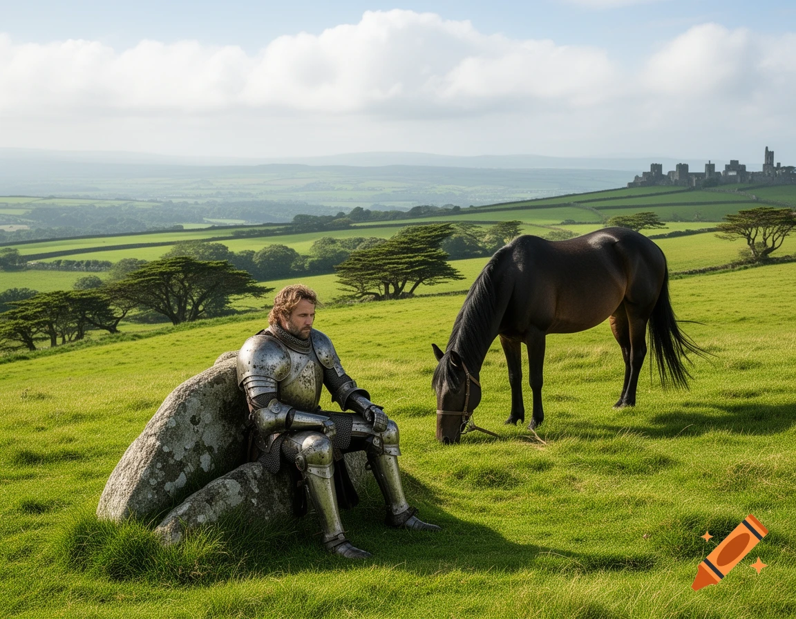 Photorealistic image of a tired knight in tarnished armor sitting on a rock on a green hill, with his horse grazing and a castle in the distance.