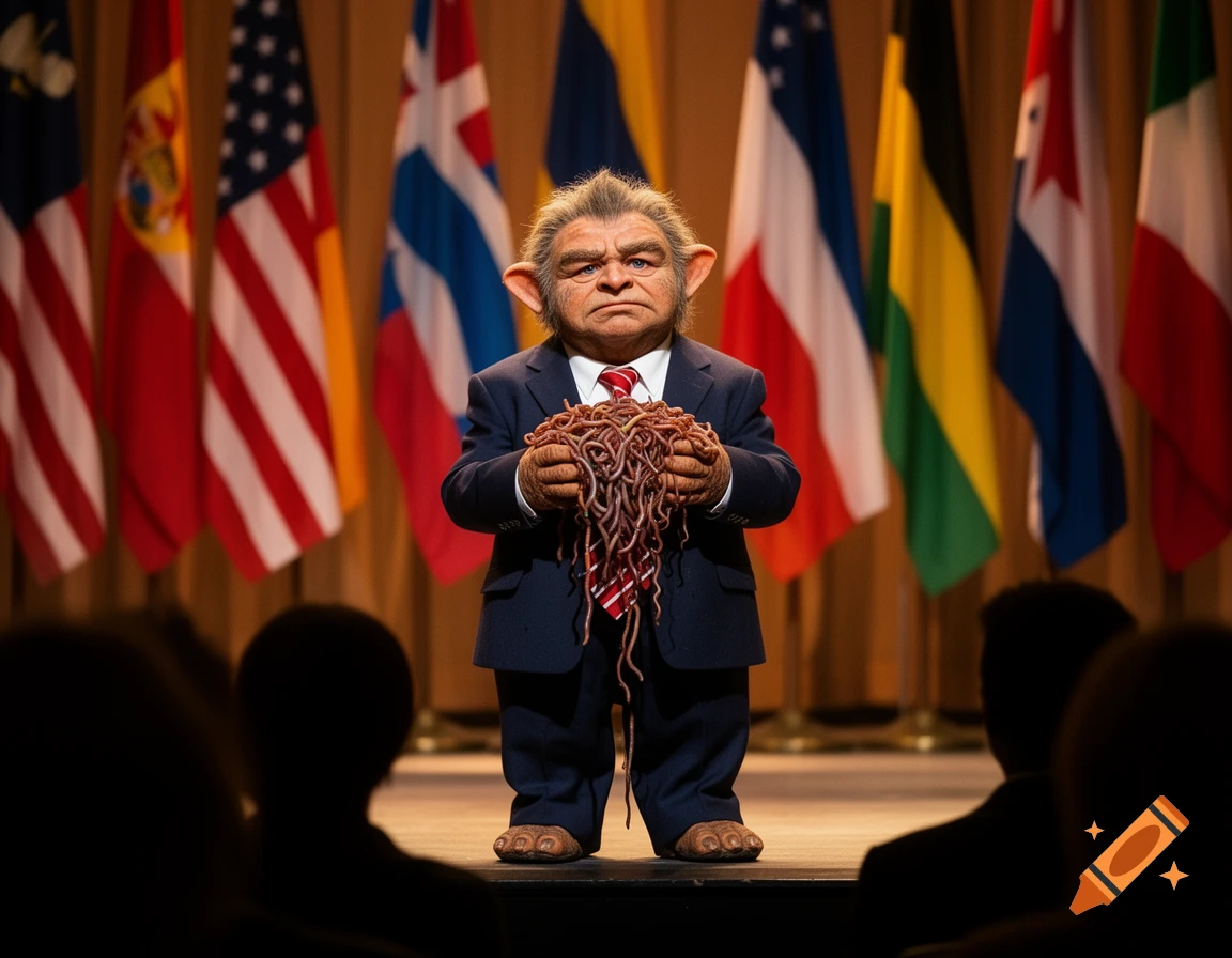 Hoggle-like creature in a suit and red tie stands on a stage holding a pile of worms, with international flags in the blurry background.
