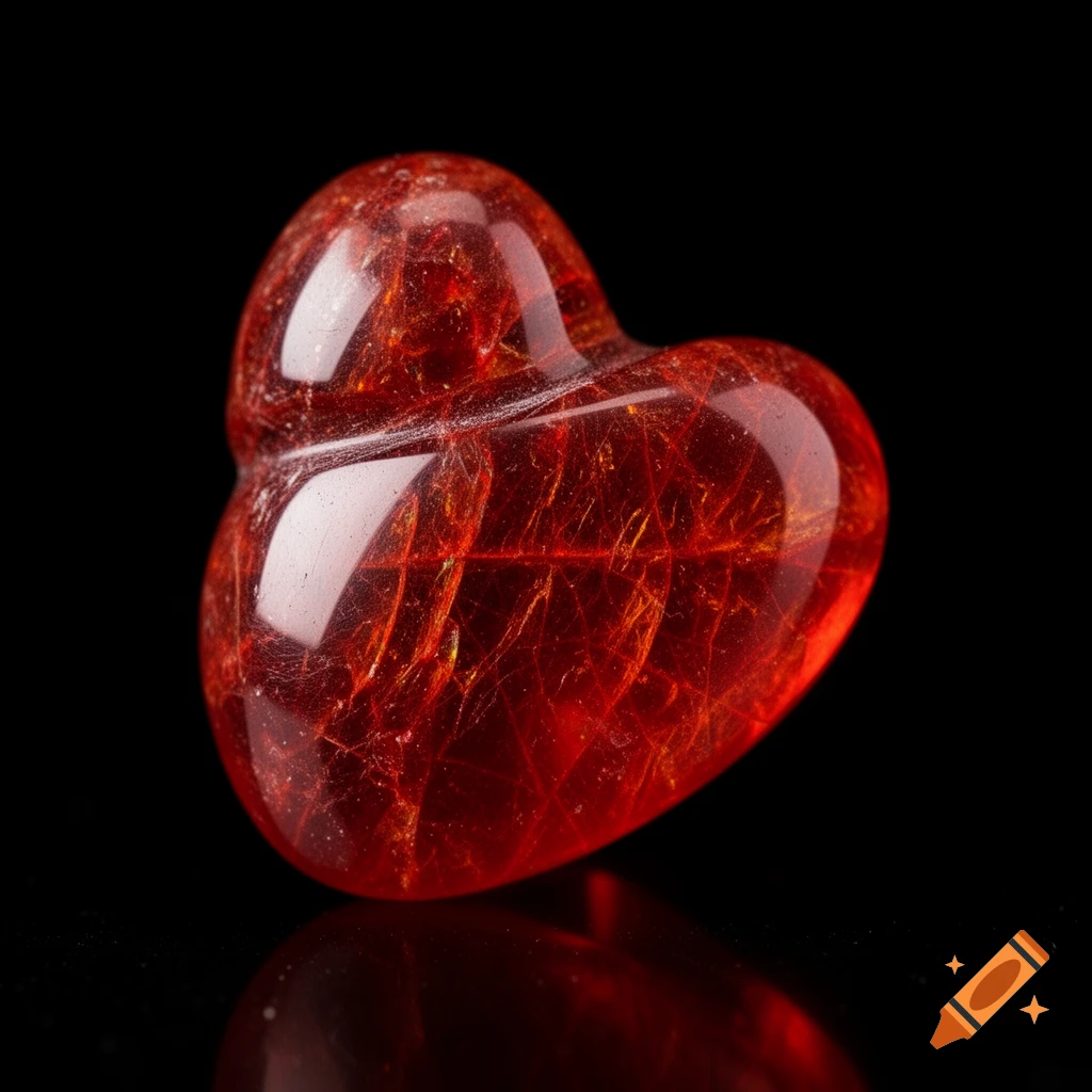A close-up, photorealistic shot of a reddish, heart-shaped gem with internal cracks, reflecting on a black surface.