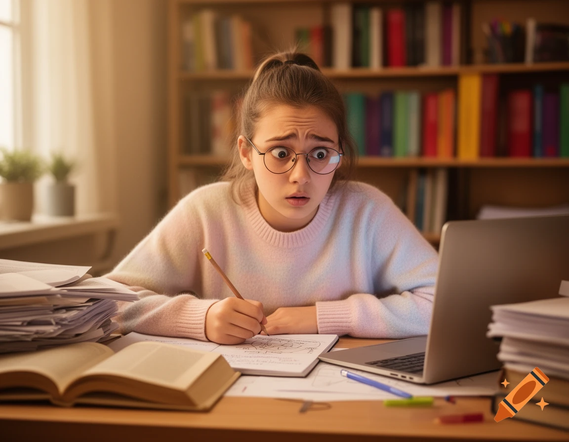 A confused young girl with glasses studies intently at a desk, surrounded by books and a laptop.