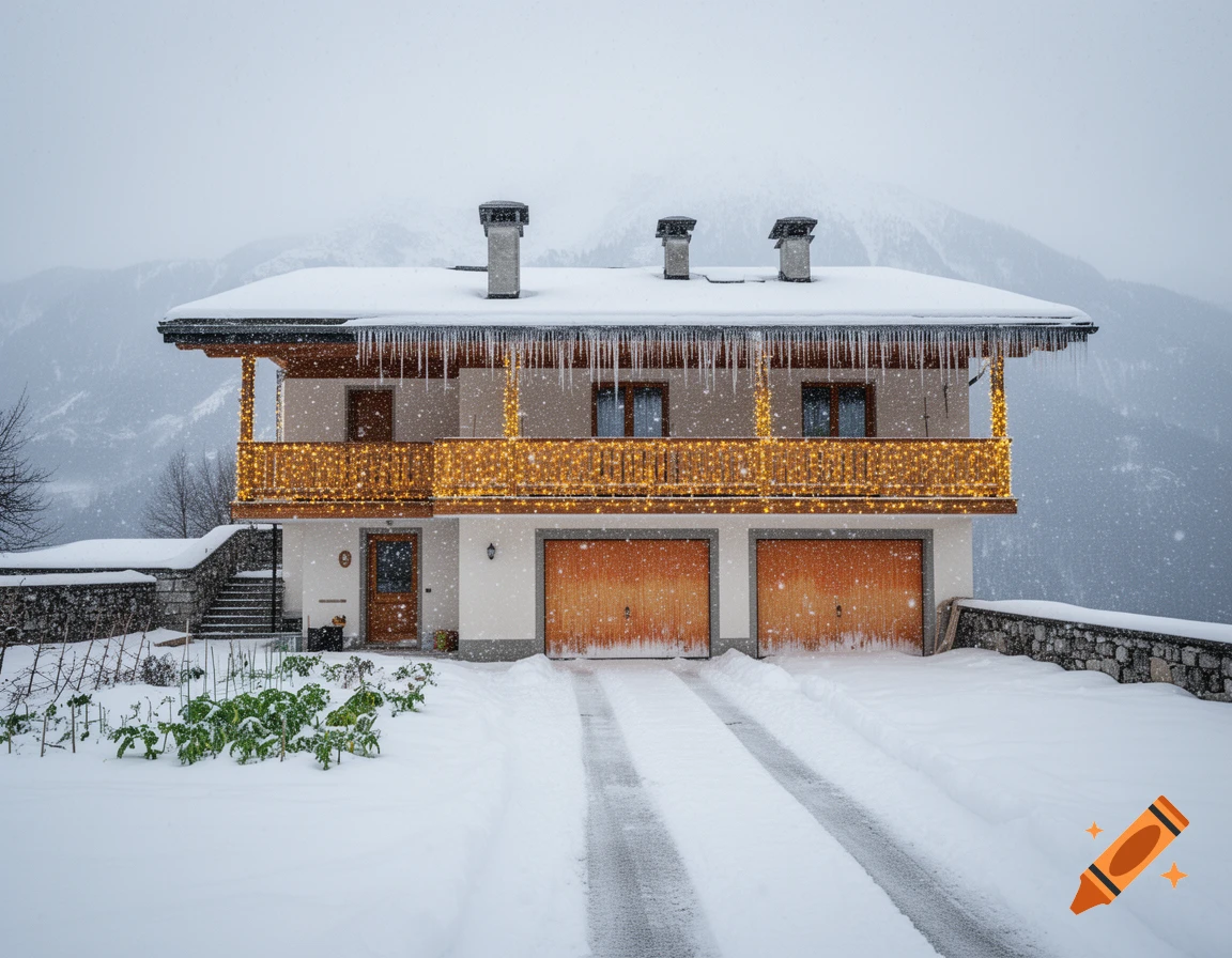 A two-story house with yellow lights on its balcony, a snow-covered roof with long icicles, and two garages, set in a snowy alpine landscape.