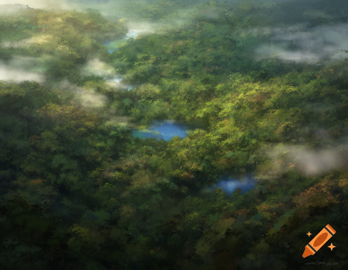 A painted, aerial view of a dense green forest with blue rivers and misty fog, illuminated by sunlight.