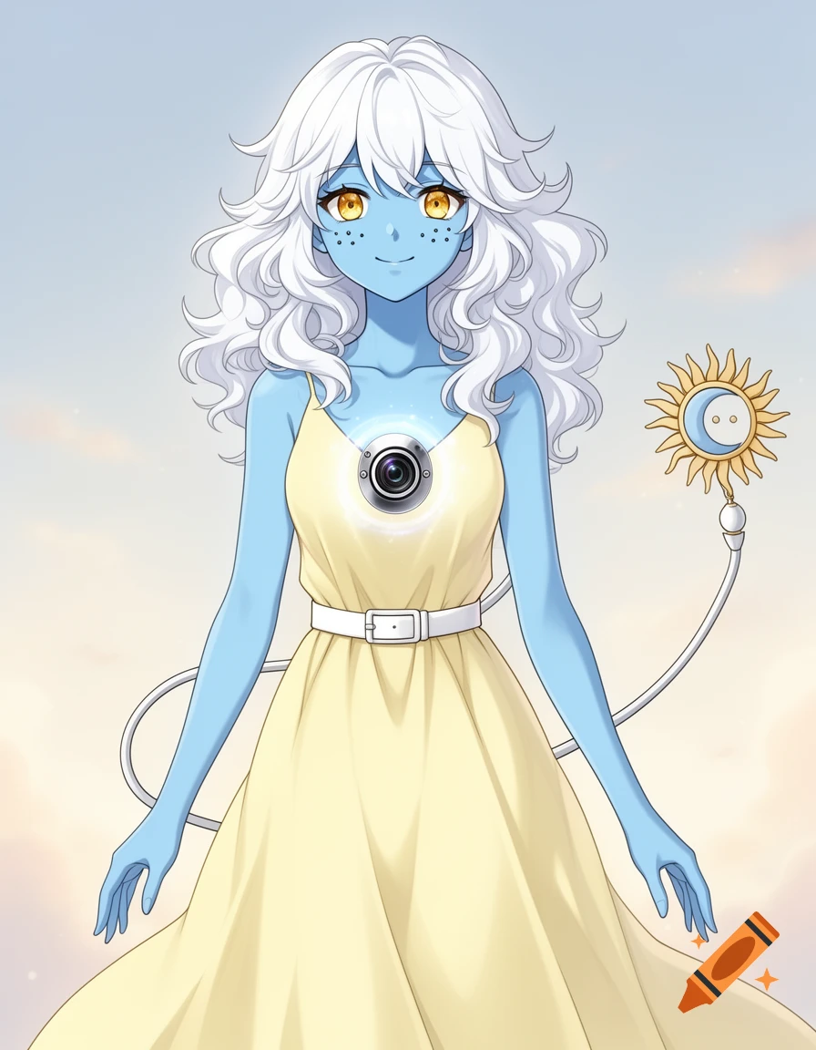 An anime character with blue skin, white hair, golden eyes, and a camera on her chest, wearing a yellow dress, with a sun and moon symbol.