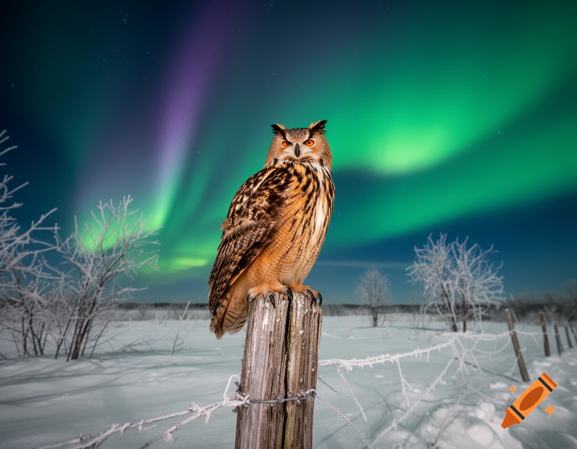 A photorealistic Eagle Owl with orange eyes perched on a wooden fence post in a snowy field with frosted trees under a vibrant green and purple aurora borealis.