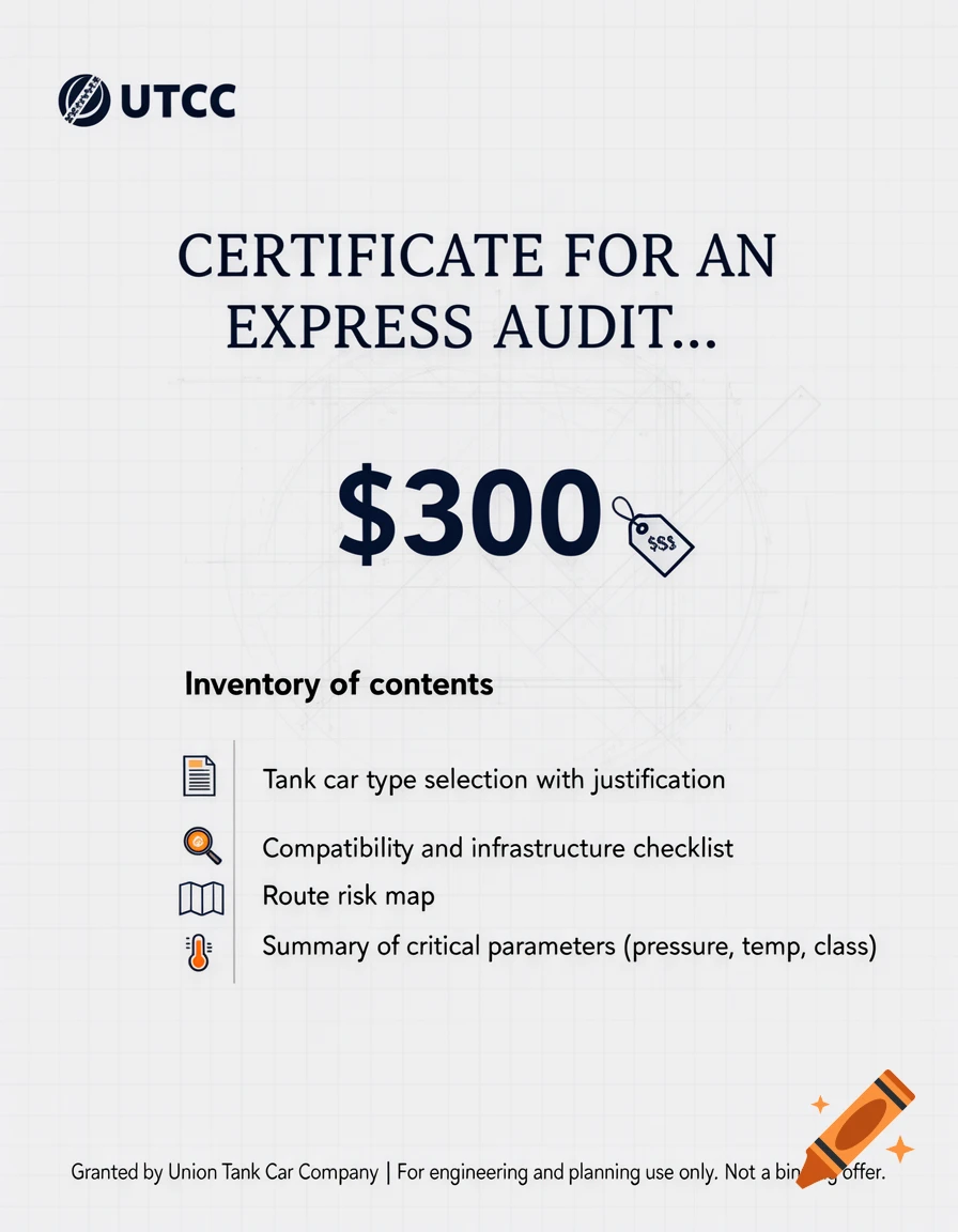 A certificate for an express audit from UTCC for $300, detailing tank car selection, infrastructure checklist, route risk map, and critical parameters, on a light gray background with a grid.