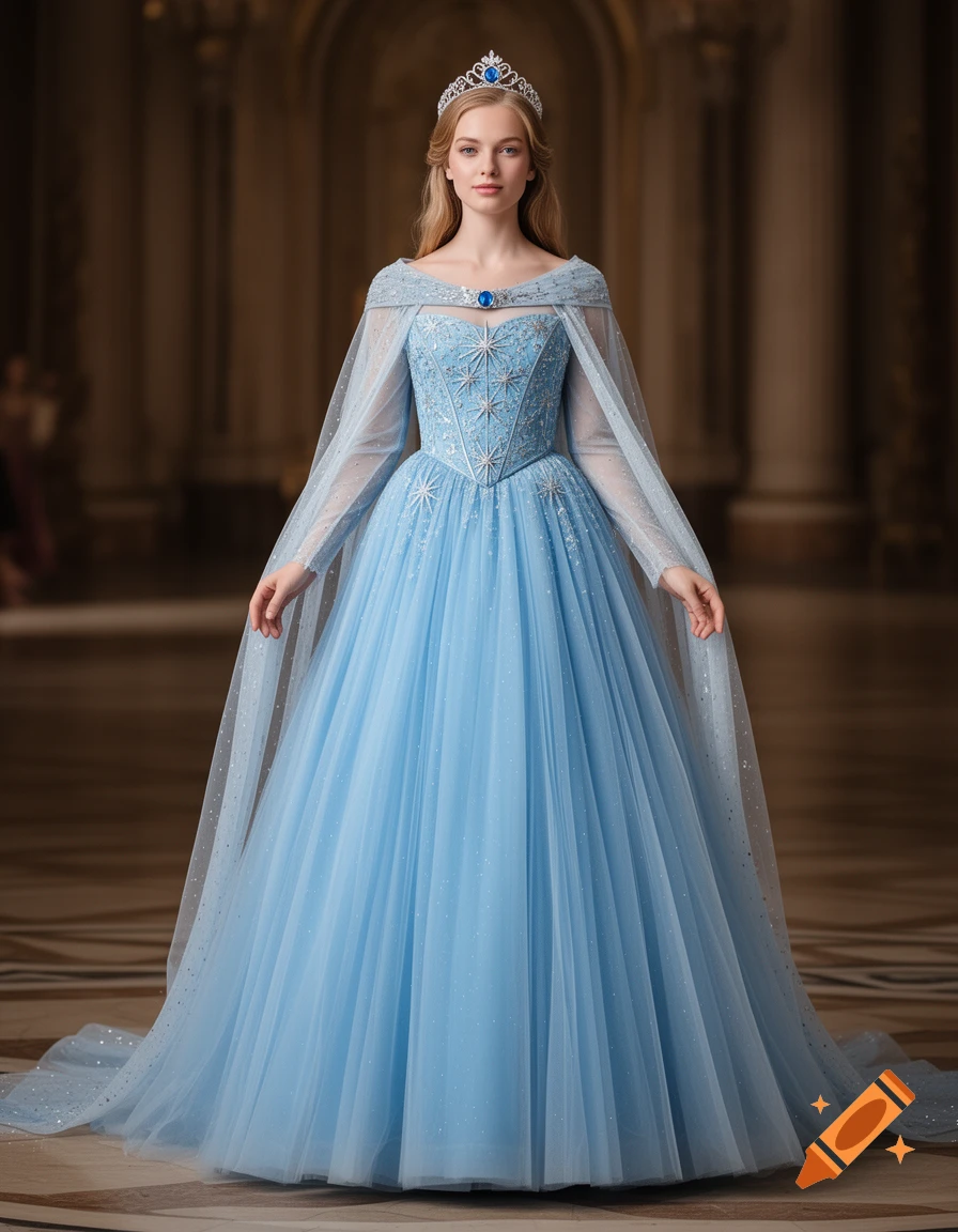 A blonde woman in a sparkling light blue princess ball gown with a cape and tiara stands in a grand hall, photorealistic.