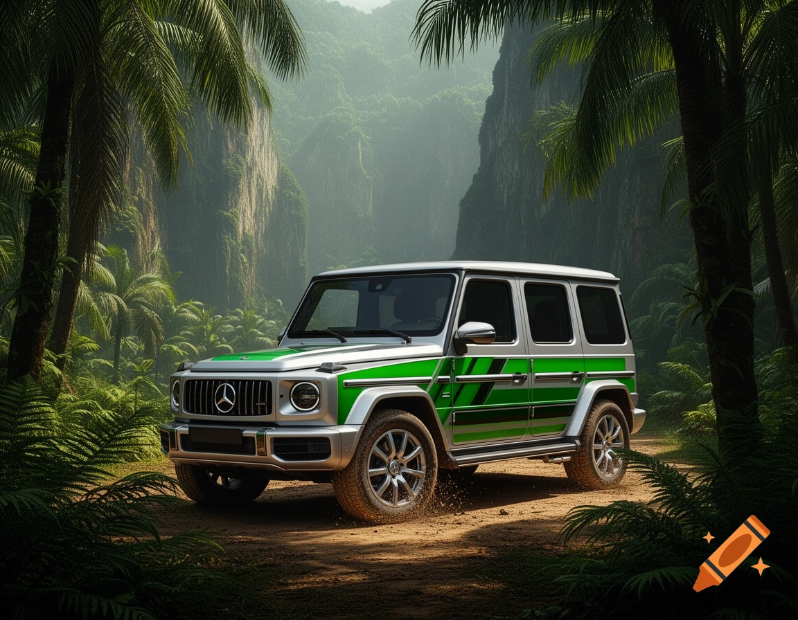 Photorealistic silver and green Mercedes G-wagon driving on a dirt path in a dense, green jungle with misty mountains.
