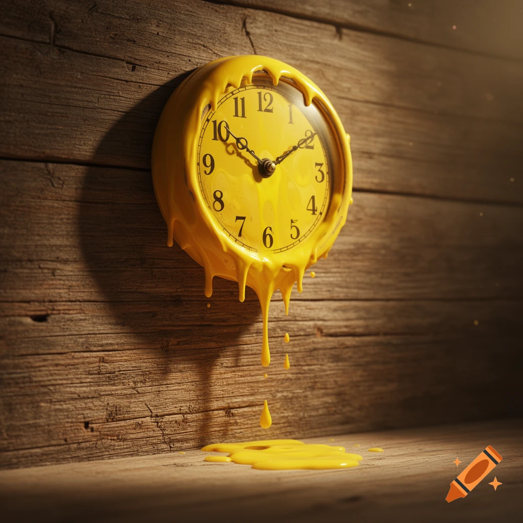 A photorealistic, surreal image of a yellow clock melting and dripping down a rustic wooden wall onto a wooden surface.