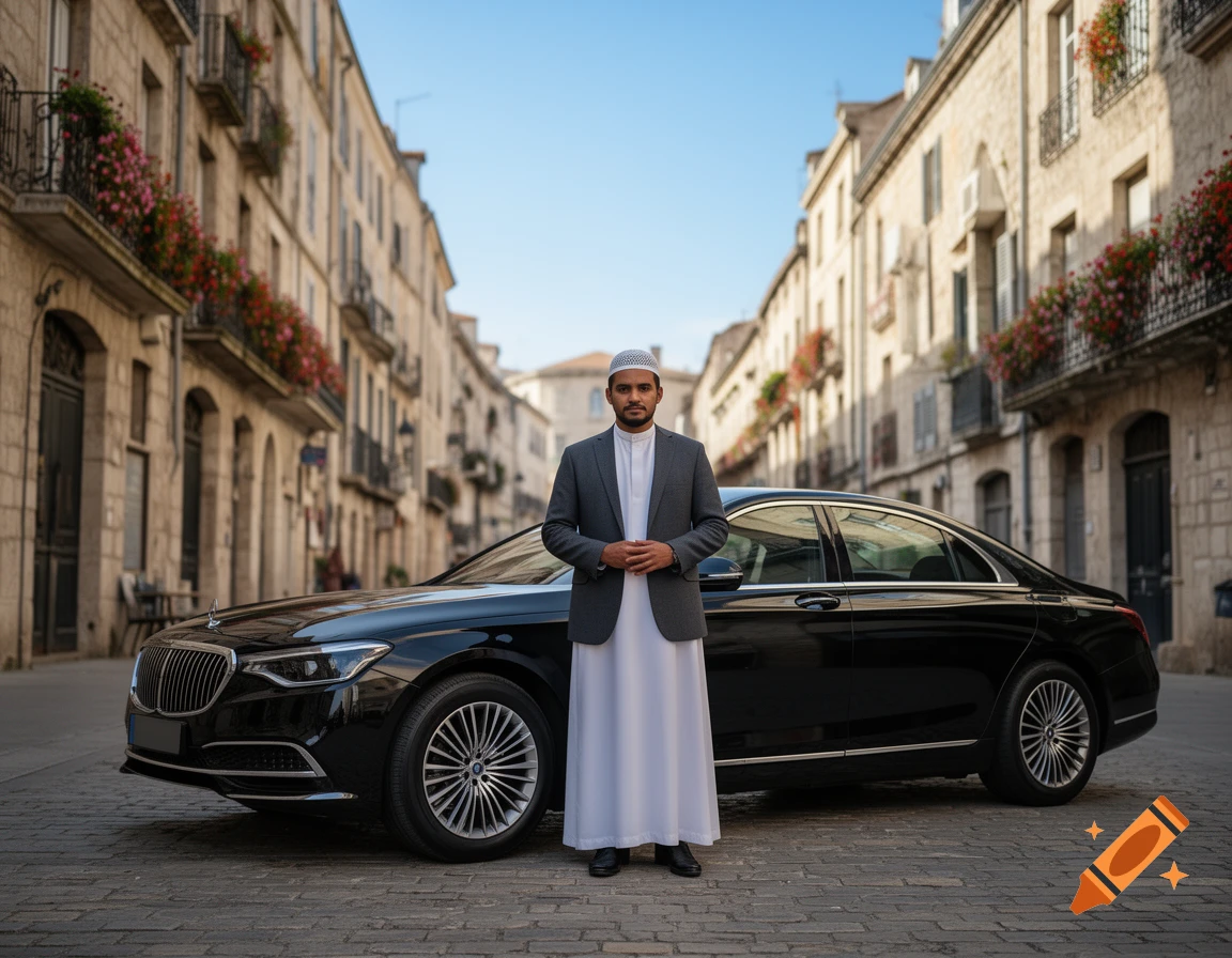 A man in a white thobe, grey jacket, and white kufi stands by a black luxury car on a European cobblestone street.