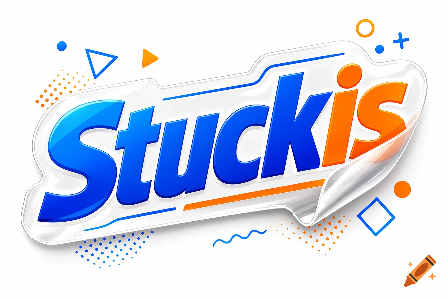Glossy blue and orange 'Stuckis' logo with a peeled sticker effect and scattered geometric shapes on a white background.
