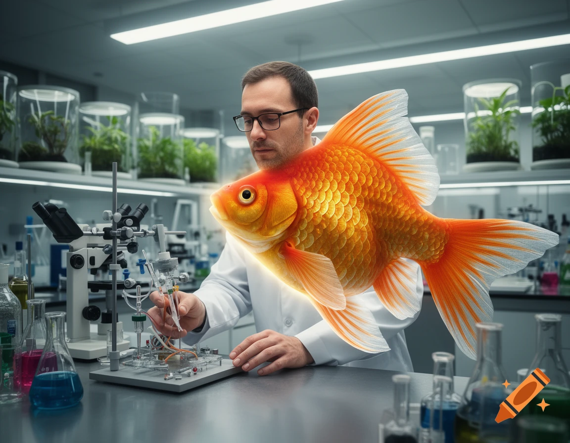 A photorealistic image of a scientist working in a laboratory with a glowing, giant goldfish floating in front of him.
