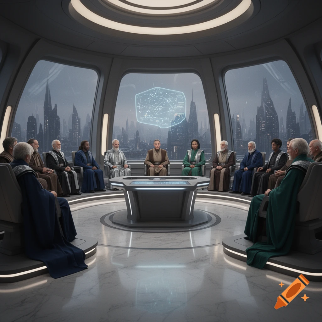 Photorealistic image of robed figures seated in a circular, futuristic council room with a holographic display, overlooking a sprawling cityscape.