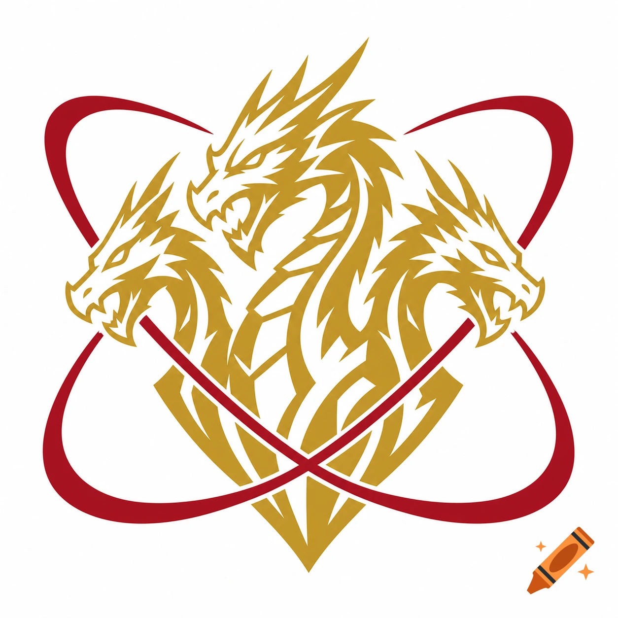A minimalist esports logo featuring three golden dragon heads, sharp and angular, intertwined within two ruby red orbiting rings on a white background.