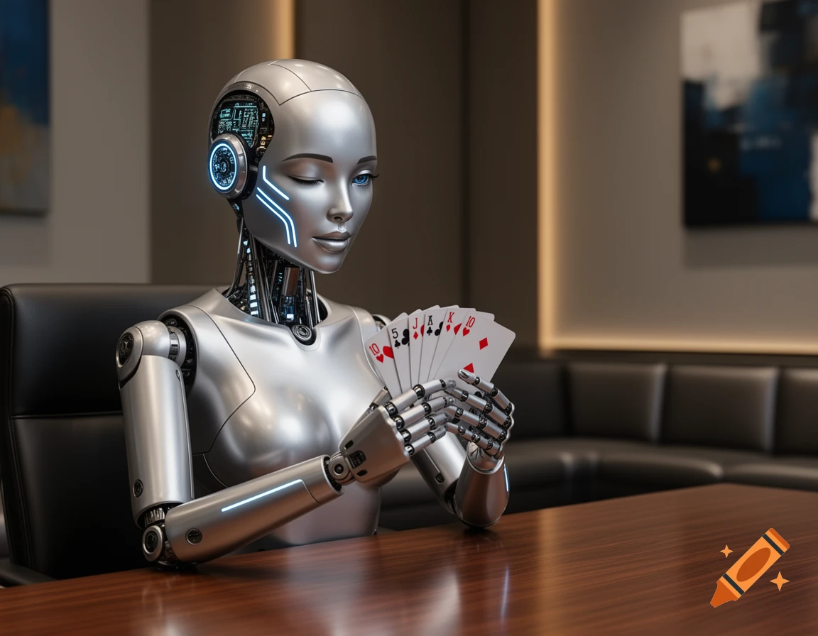 Photorealistic female-style robot winks while holding a hand of playing cards at a wooden table in a modern room.