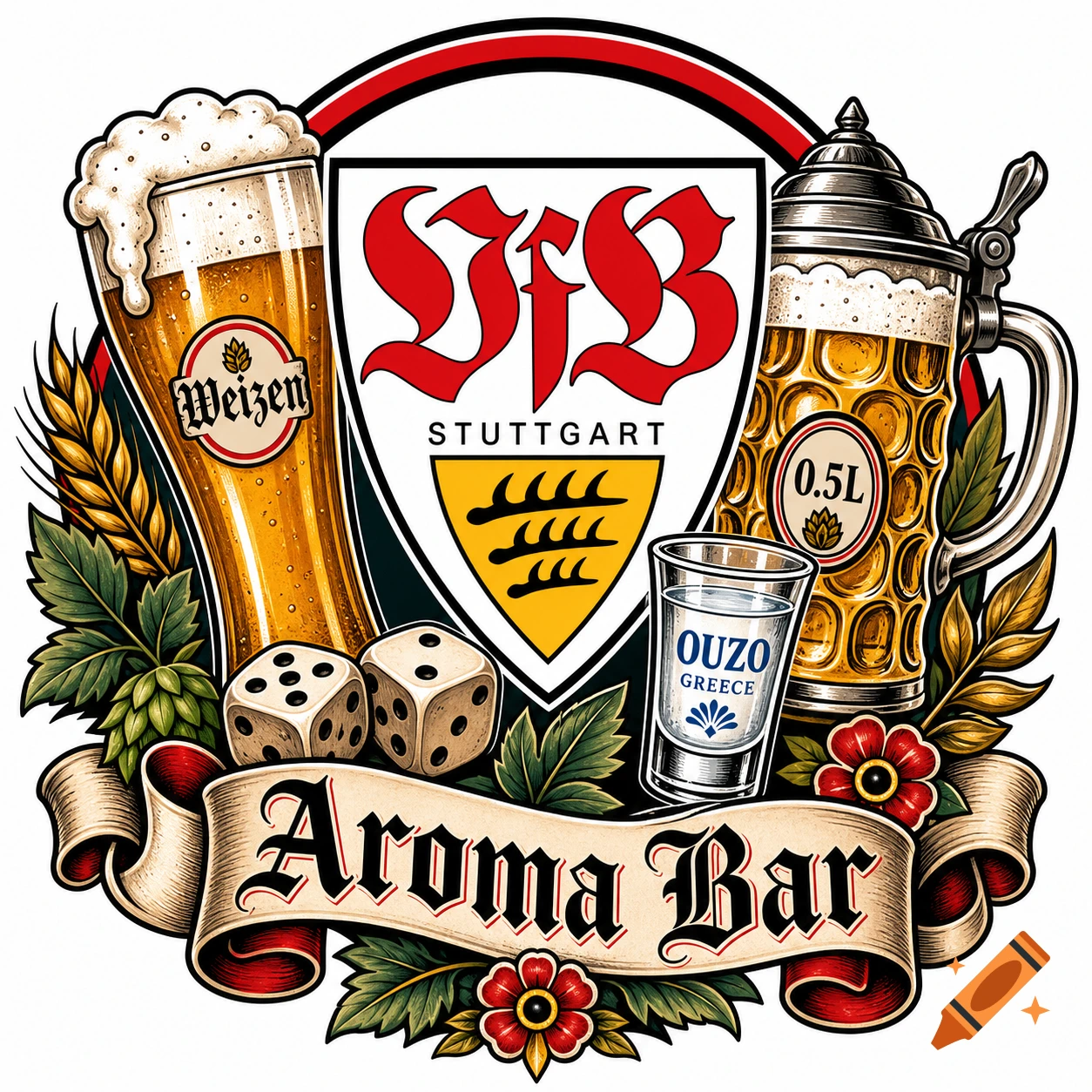 A circular Traditional Tattoo style logo with the VfB Stuttgart crest, a Weizenbier glass, a beer mug, an Ouzo shot, dice, and a banner reading "Aroma Bar".