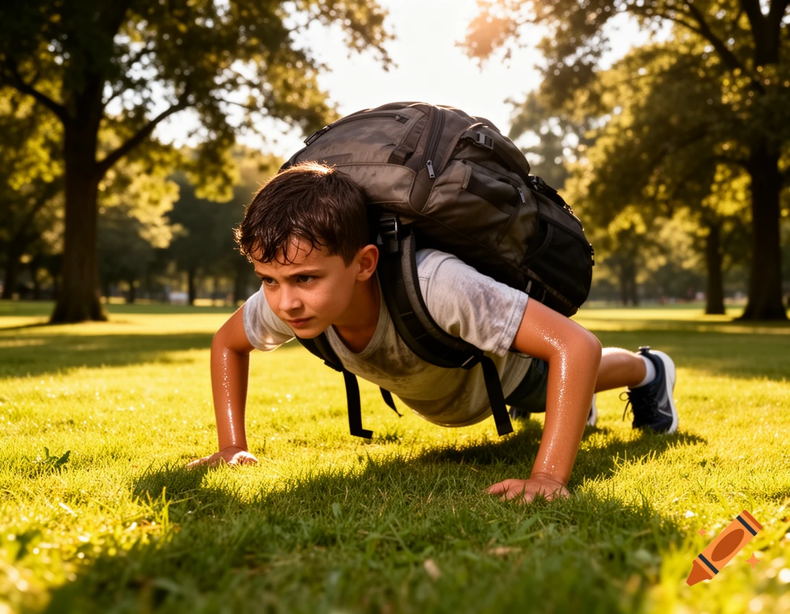 A young boy does push-ups with a heavy backpack on green grass in a sunlit park, looking determined.