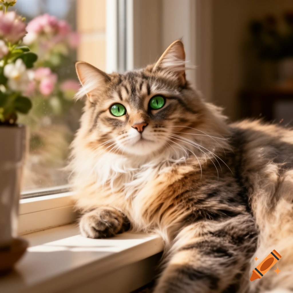 A fluffy brown and white tabby cat with bright green eyes looks forward, lounging in a sunny window next to a plant.