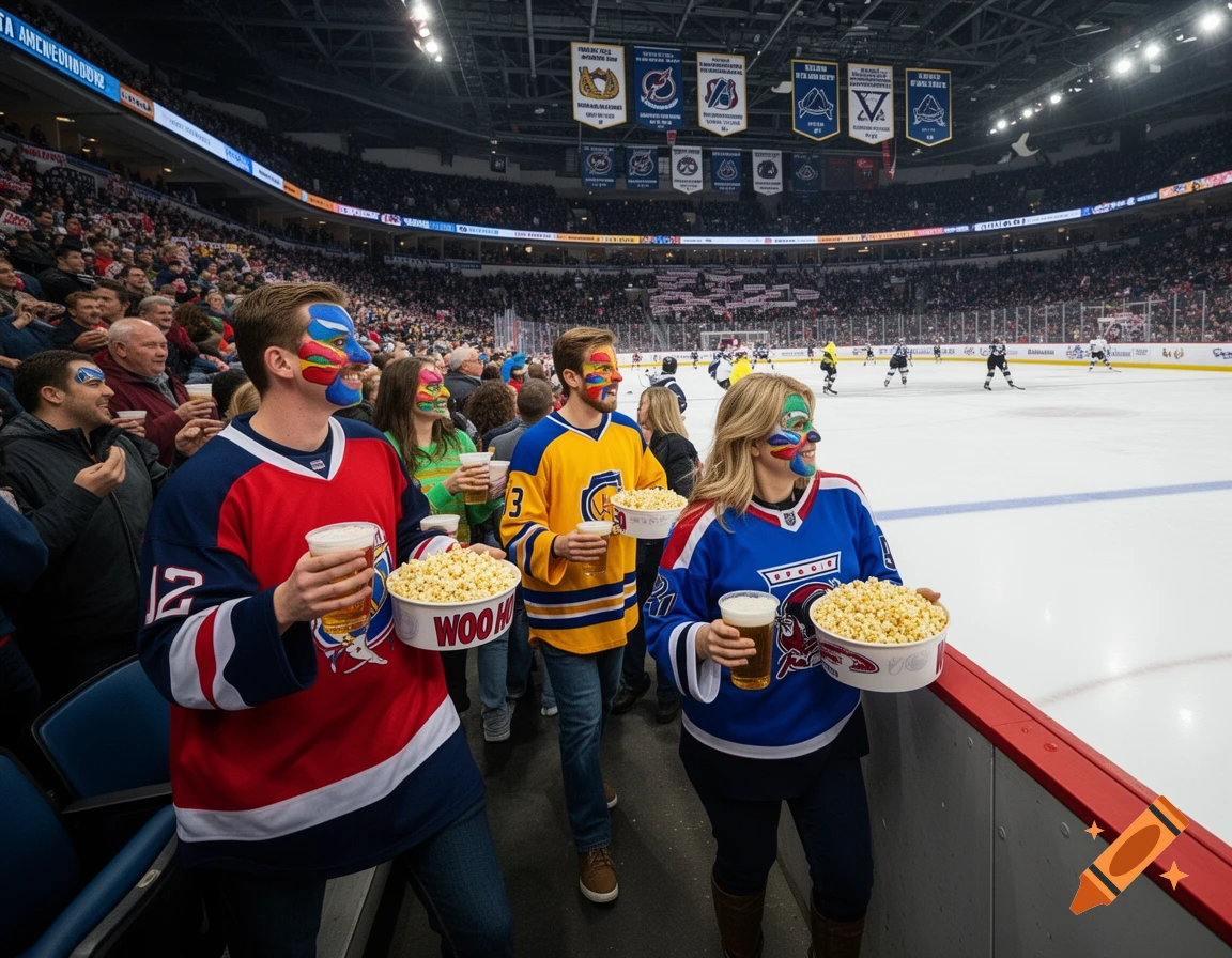 Hockey fans with face paint and jerseys hold popcorn and beer at an ice rink during a game.