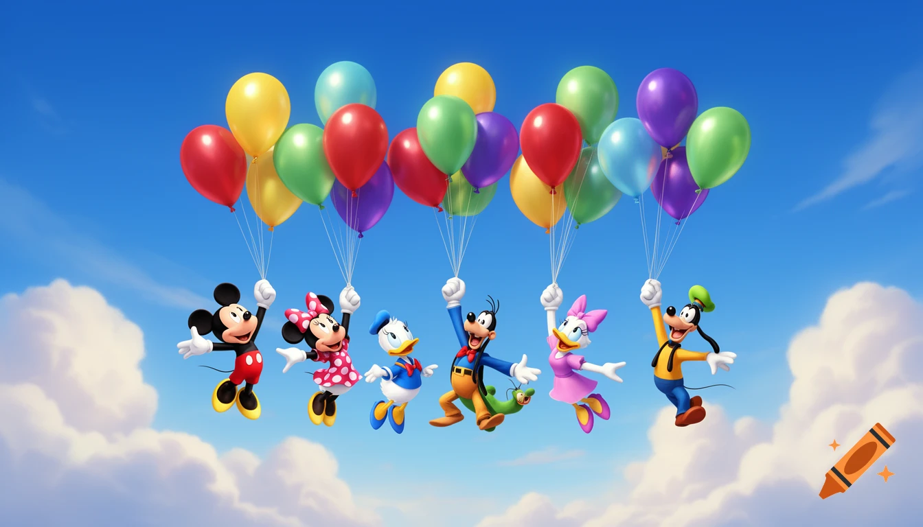 Mickey and Minnie Mouse, Donald and Daisy Duck, and Goofy float joyfully across a blue sky, holding colorful balloons.