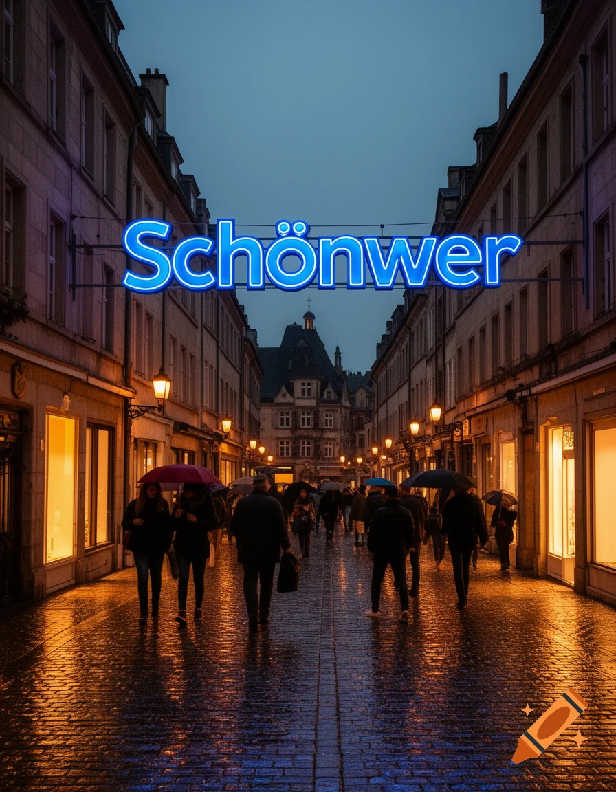 A neon sign 'Schönwer' illuminates a wet cobblestone street at night, with people holding umbrellas walking past shops.