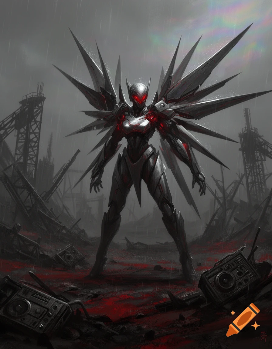 A menacing robot with sharp wings and glowing red eyes stands in a ruined city under rain, with red liquid on the ground and broken boomboxes.