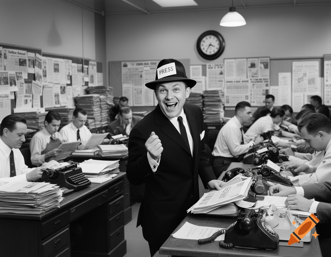 A smiling journalist in a fedora hat with 'PRESS' written on it, excitedly pumps his fist while holding a newspaper in a busy 1960s newsroom.
