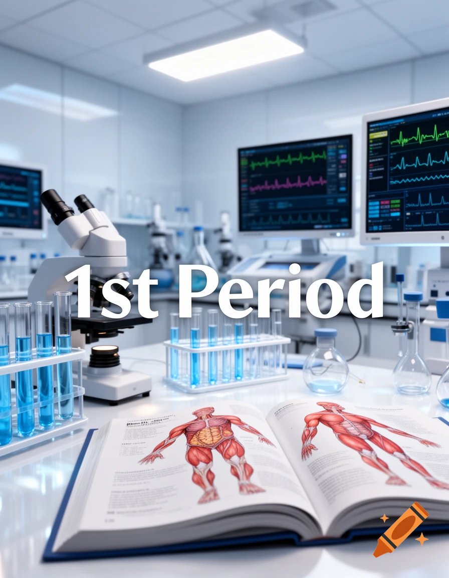 Photorealistic image of a clean science laboratory with a microscope, test tubes, and an open anatomy book showing human muscles. The text '1st Period' is overlaid in white.