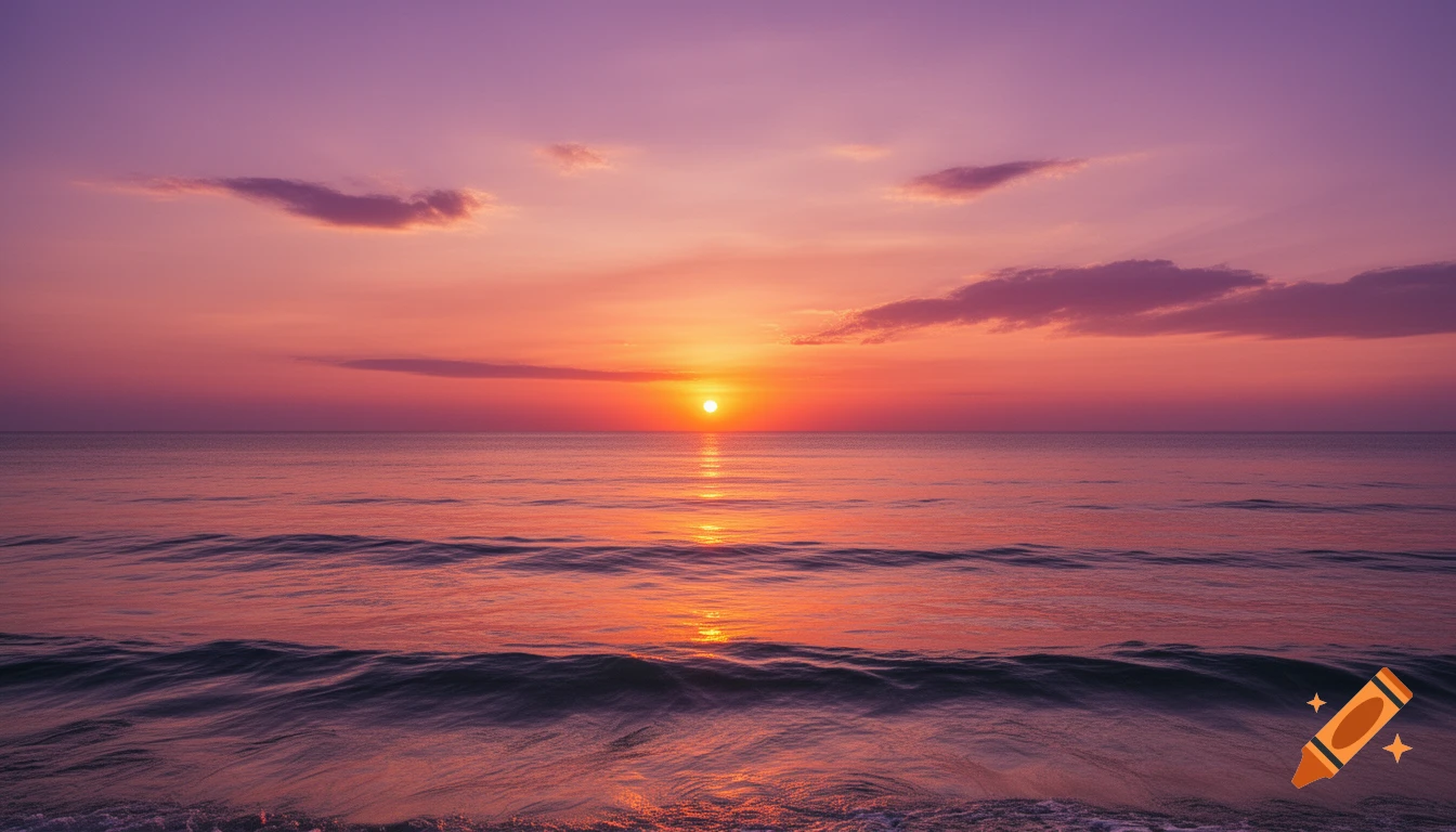 A vibrant sunset over the ocean with purple and orange skies reflecting on calm waves.