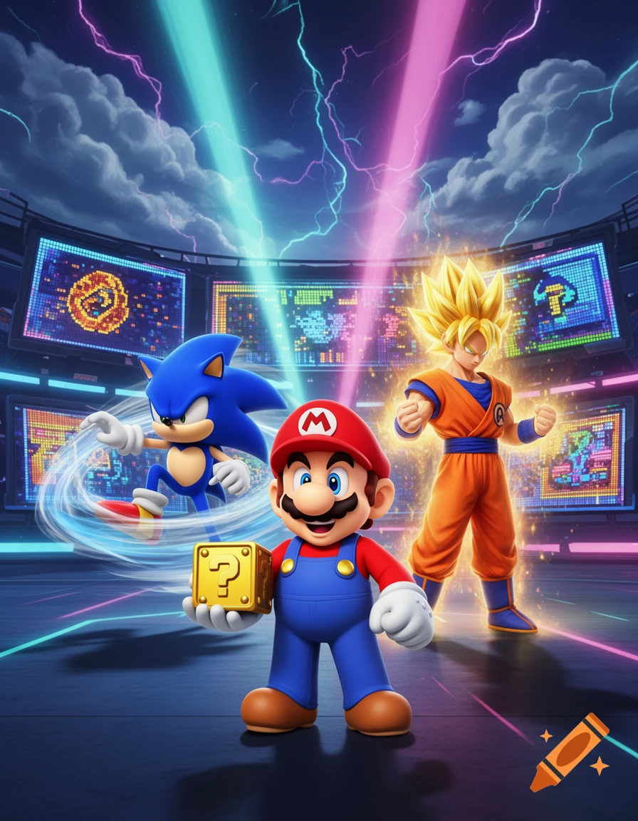 A 3D render of Mario holding a question mark block, Sonic speeding, and Super Saiyan Goku powering up in a neon-lit arena with stormy skies.